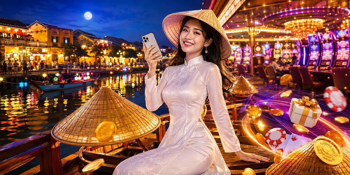Phụ nữ mặc áo dài tại Hội An sử dụng điện thoại truy cập casino trực tuyến 741