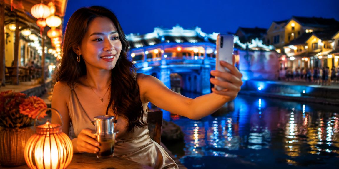 Người dùng Hội An nhâm nhi cà phê sáng và theo dõi kết quả xổ số Vietlott trên điện thoại